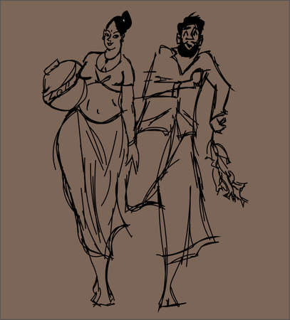 A beautiful illustration of village couple flirting with each other.のイラスト素材