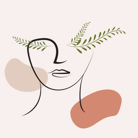 minimalist design. Woman face and random color shape.のイラスト素材