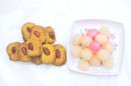 the yellow biscuit with sweat isolated on white backgroundの写真素材