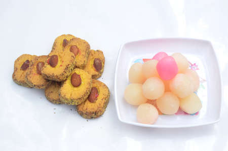 the yellow biscuit with sweat isolated on white backgroundの写真素材