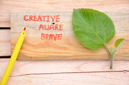 creative ,aware,brave,write in the wooden mental health awareness concept with green blue berry leaf on the wooden background.の写真素材