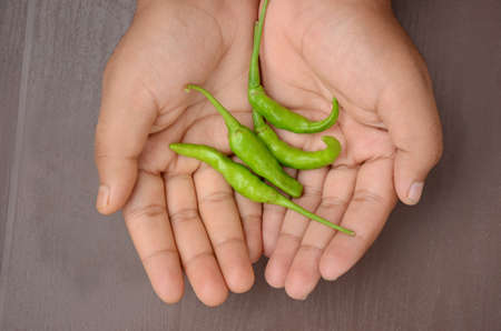 closeup the bunch ripe green chilly hold hand over out of focus brown background.