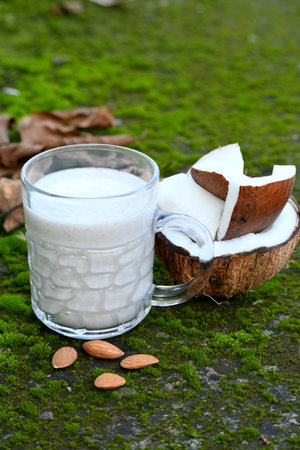 closeup the white brown coconut with coconut milk in the glass and brown almond soft focus natural green brown background.の写真素材