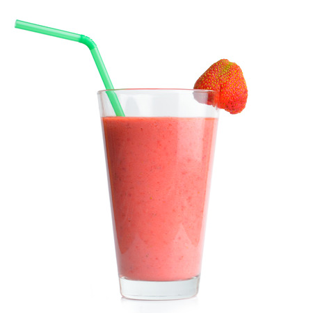 Strawberry Smoothie in a Glass with Straw and Garnish Isolated on a White Backgroundの写真素材