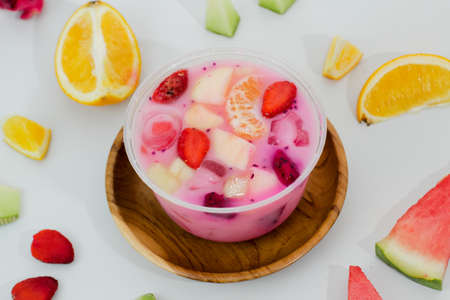 close up of fruit salad from top angle.の写真素材