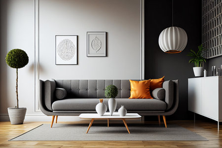 Interior of modern living room with gray sofa, orange pillows, coffee table and poster. 3d render Ai generativeの素材