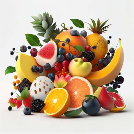 Fruits and berries on a white background. 3d illustration. Ai generativeの素材