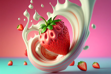 strawberry in milk splash, 3d illustration, 3d rendering generative aiの素材