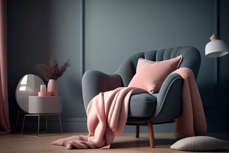 Modern living room interior with armchair, pillows and lamp. 3d render generative aiの素材