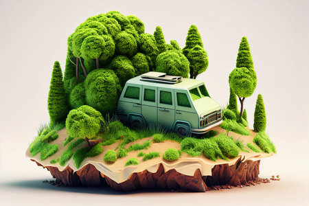 Camper van on the island with trees. 3D illustration. generative aiの素材