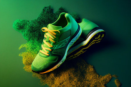 Running shoes on a green background. Sports shoes. 3d rendering generative aiの素材