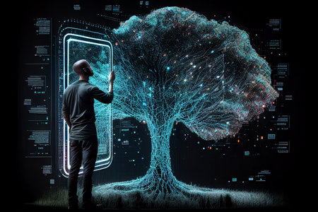 Man in hoodie and big tree hologram. Artificial intelligence concept generative aiの素材