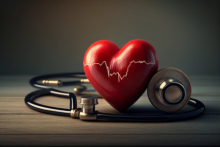 Stethoscope and red heart on wooden table. 3d render world health day generative aiの素材