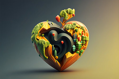 3d illustration of a heart with a landscape in the background. world health day generative aiの素材