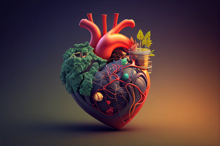 Human heart with leafs and other organs. 3D illustration.  world health day generative aiの素材