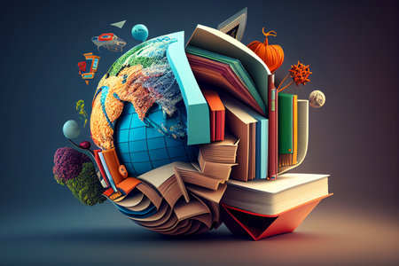 Books and globe on a dark background. Education concept. 3d rendering generative aiの素材
