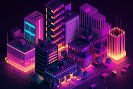 Modern city in neon style. 3d isometric illustration. generative aiの素材