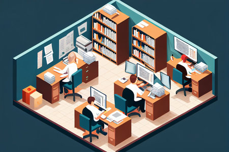 Office isometric composition with business people working in the office illustration generative aiの素材