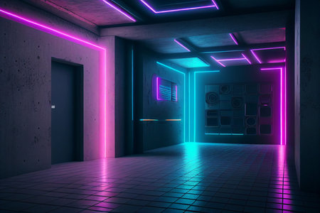 Futuristic corridor with neon lights. Futuristic interior. 3D rendering generative aiの素材