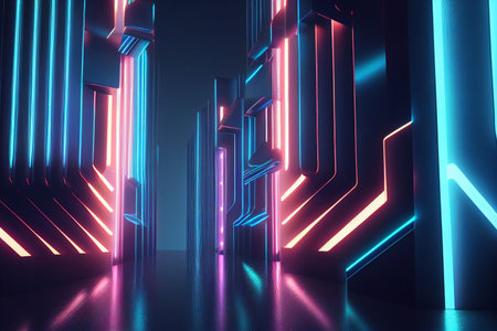 Abstract dark corridor with glowing neon lines. Futuristic interior design. 3D Rendering generative aiの素材