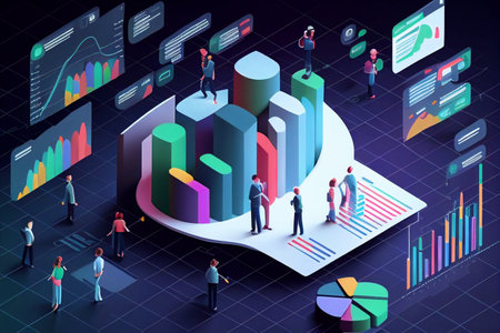 Isometric business people on the background of the business chart. 3D illustration generative aiの素材