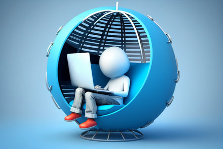 3d person sitting in a blue globe with a laptop. 3d rendering generative aiの素材