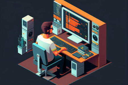 Programmer working on computer in isometric flat design. illustration. generative aiの素材