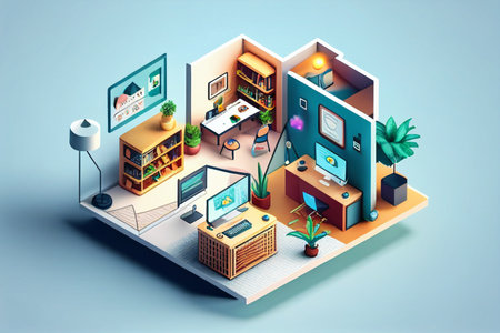 isometric interior design of living room with furniture and computer 3d illustration generative aiの素材