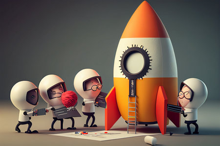 Business team with a rocket and a magnifying glass. 3d illustration generative aiの素材