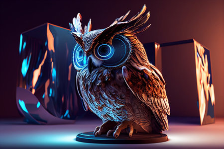 Owl on a pedestal. 3D rendering. Neon colors. generative aiの素材
