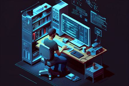 Programmer working at the computer, 3d isometric vector illustration generative aiの素材