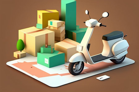 3d illustration of a scooter on a mobile phone with boxes generative aiの素材