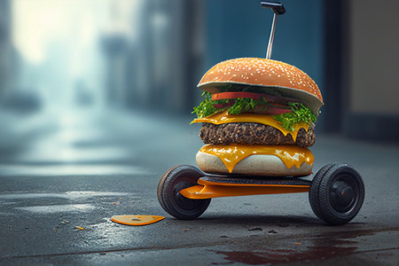 Hamburger on the wheels of the car. 3d rendering generative aiの素材