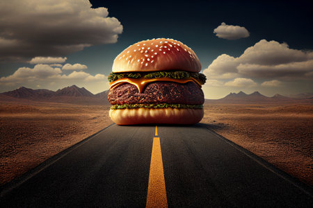 Hamburger on the road. Conceptual image of fast food generative aiの素材