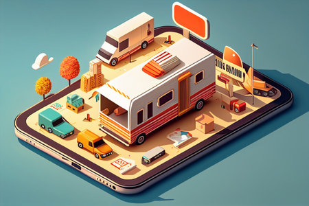 3d isometric illustration of mobile phone with trailer and city map generative aiの素材