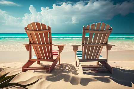 Two wooden deck chairs on the sandy beach by the turquoise sea generative aiの素材