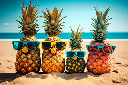 Pineapples in sunglasses on the beach. Summer concept. generative aiの素材