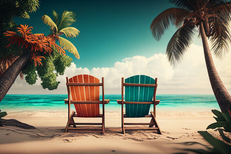 Beach chairs on a tropical beach with palm trees. 3d rendering generative aiの素材