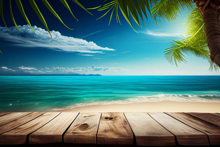 Wooden table top on tropical beach background - can be used for display or montage your products generative aiの素材