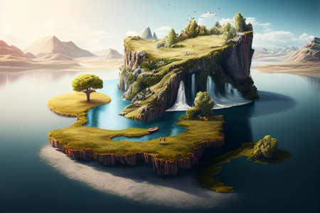 Fantasy island with waterfall and lake. 3d render illustration. generative aiの素材