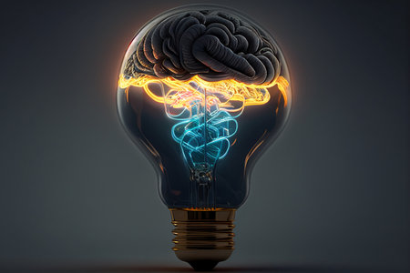 Human brain inside of light bulb on dark background. 3D rendering generative aiの素材
