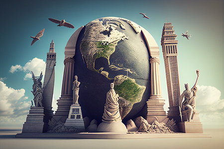 Famous monuments of the world around the globe. 3D rendering generative aiの素材