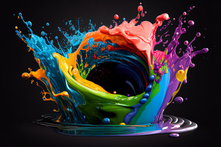 Colorful paint splashes isolated on black background. 3d rendering generative aiの素材