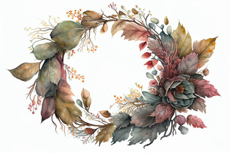 Watercolor autumn wreath. Hand painted illustration on white background. generative aiの素材
