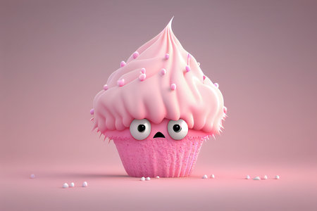 Cupcake with pink icing and sprinkles, 3d rendering generative aiの素材