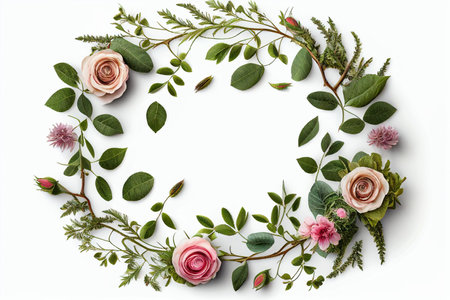 Floral round frame with pink roses, green leaves and flowers on white background generative aiの素材