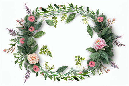 Floral frame with pink flowers and green leaves on white background. generative aiの素材