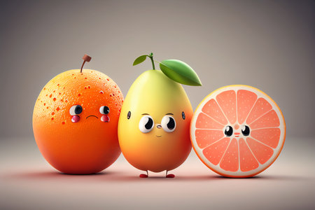 Funny fruit characters - orange, grapefruit and pomelo generative aiの素材