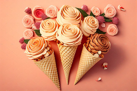 Ice cream cone with pink roses and petals on pink background. generative aiの素材