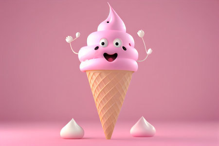 Funny ice cream in waffle cone on pink background. 3d rendering generative aiの素材